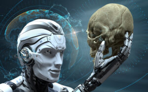 Robot with AI observing human skull.