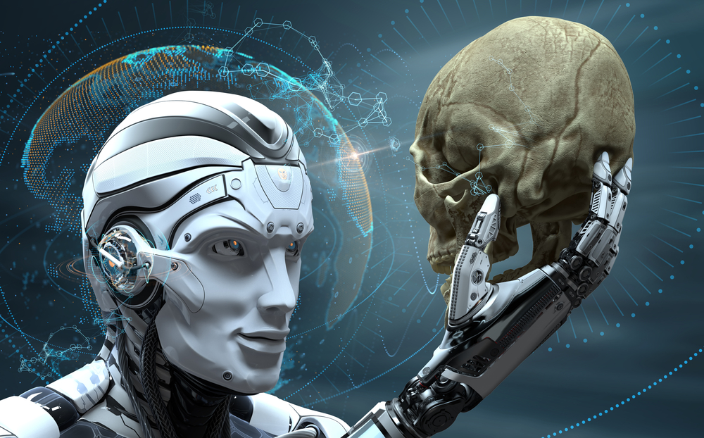 Robot with AI observing human skull.